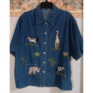 Vintage Blue Denim XL Button Down Animal Safari Casual Travel Shirt